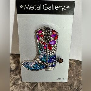 Metal Gallery Silver Tone Cowboy Boot Brooch Pin Colorful Rhinestone Accents New